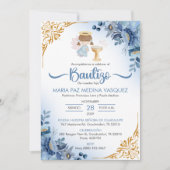 Bautizo Uitnodiging BLAUWE Bloemen Meisje Engel Do (Voorkant)