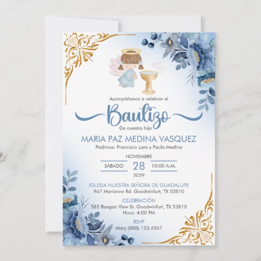 Bautizo Uitnodiging BLAUWE Bloemen Meisje Engel Do (Voorkant)