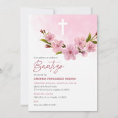 Bautizo Uitnodiging Doop Japans Roze Bloemen (Voorkant)