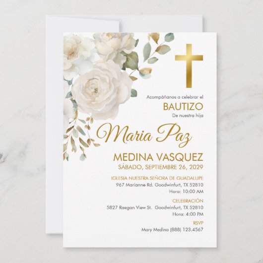 Bautizo Uitnodiging Elegante Witte Bloemen Doop (Voorkant)