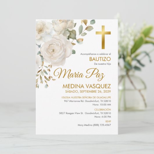 Bautizo Uitnodiging Elegante Witte Bloemen Doop (Staand voorkant)