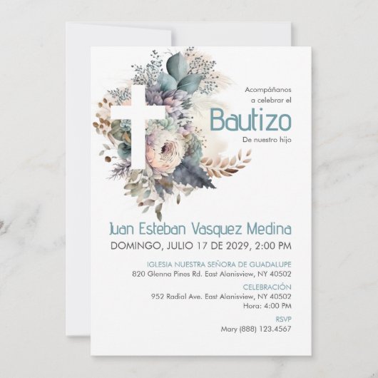 Bautizo Uitnodiging Elegante Witte Bloemen Doop (Voorkant)