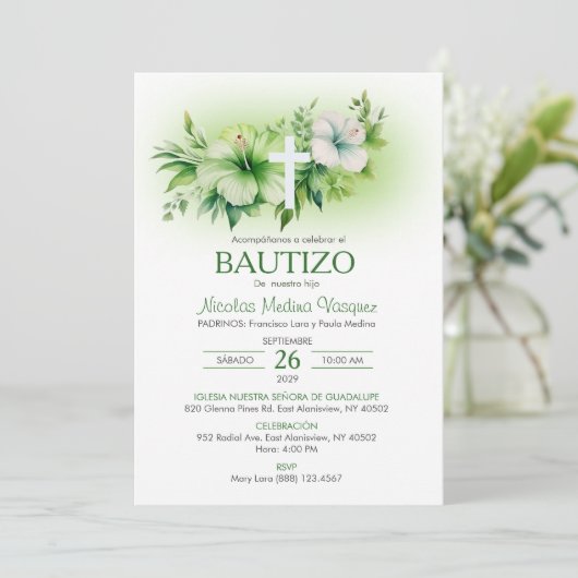 Bautizo Uitnodiging Elegante Witte Bloemen Doop (Staand voorkant)
