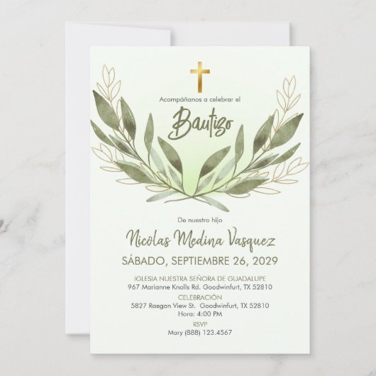 Bautizo Uitnodiging Groen Religieuze Doop (Voorkant)