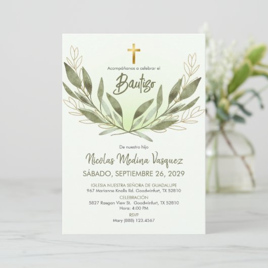 Bautizo Uitnodiging Groen Religieuze Doop (Staand voorkant)