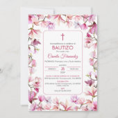 Bautizo Uitnodiging in Spaanse Doop Roze Bloemen (Voorkant)