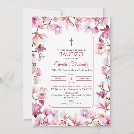 Bautizo Uitnodiging in Spaanse Doop Roze Bloemen (Voorkant)