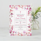 Bautizo Uitnodiging in Spaanse Doop Roze Bloemen (Staand voorkant)