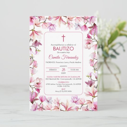 Bautizo Uitnodiging in Spaanse Doop Roze Bloemen (Staand voorkant)