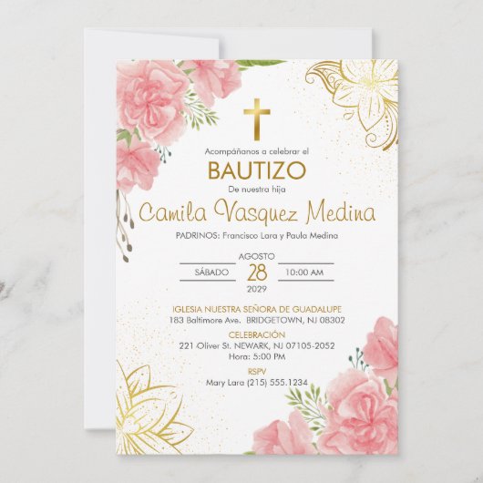 Bautizo Uitnodiging in Spaanse Doop Roze Bloemen (Voorkant)