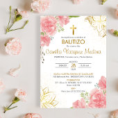Bautizo Uitnodiging in Spaanse Doop Roze Bloemen