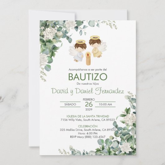 Bautizo Uitnodiging Tweeling Jongens Groene Blader (Voorkant)