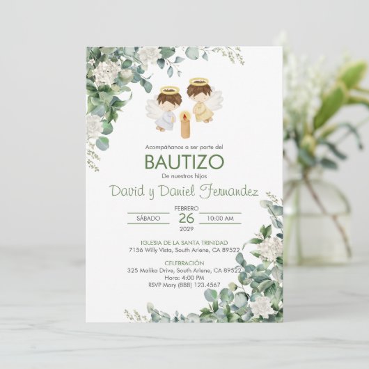 Bautizo Uitnodiging Tweeling Jongens Groene Blader (Staand voorkant)