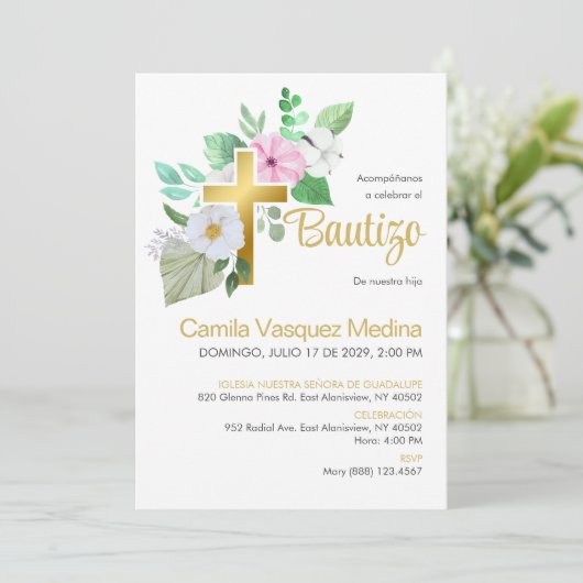 Bautizo Uitnodiging Witte Bloemen Elegante Doop (Staand voorkant)