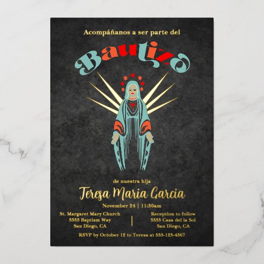 Bautizo Virgen de Guadalupe Baptism Moeder Mary Fo Folie Uitnodiging (Voorkant)