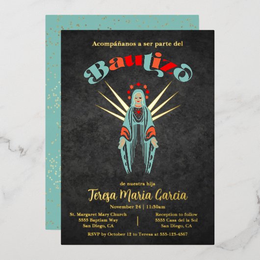 Bautizo Virgen de Guadalupe Baptism Moeder Mary Fo Folie Uitnodiging (Voorkant / Achterkant)