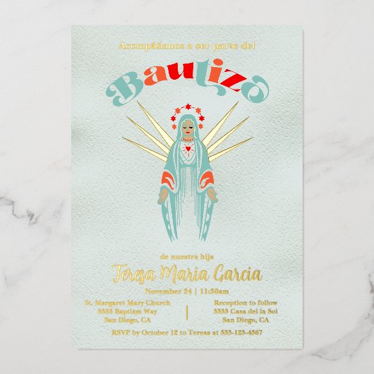 Bautizo Virgen de Guadalupe Baptism Moeder Mary Folie Uitnodiging (Voorkant)