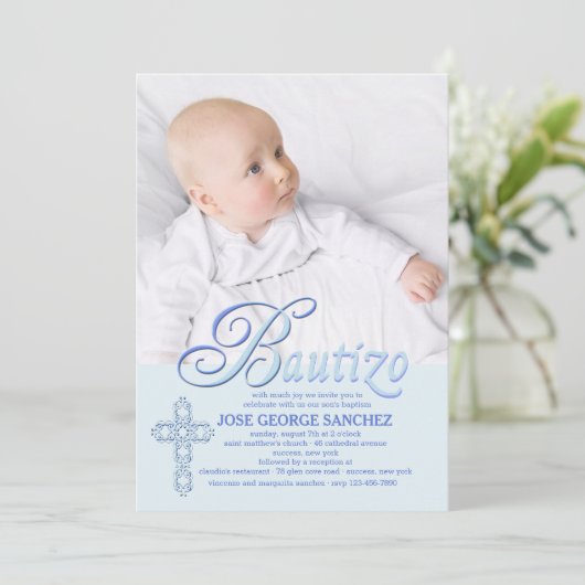 Bautizo Word Blue Foto uitnodiging (Staand voorkant)