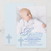 Bautizo Word Blue Foto uitnodiging (Voorkant / Achterkant)