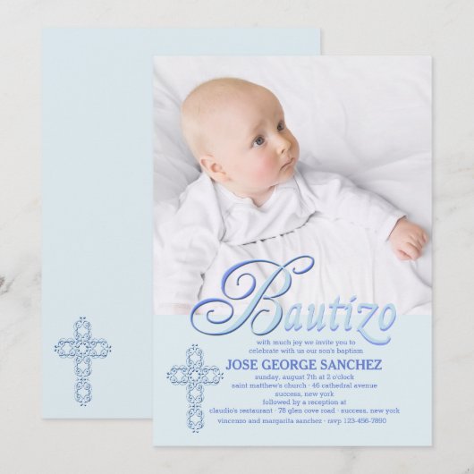 Bautizo Word Blue Foto uitnodiging (Voorkant / Achterkant)