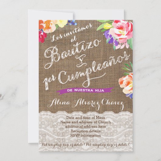 Bautizo y 1er cumple, heldere Mexicaanse bloemen Kaart (Voorkant)