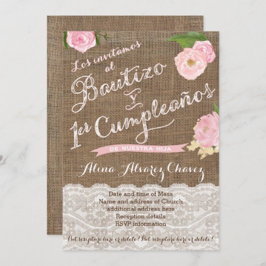 Bautizo y primer cumple, Spaanse uitnodiging Caste (Voorkant / Achterkant)