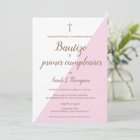 Bautizo y primer cumpleaños Doop spaans Roze Kaart (Staand voorkant)