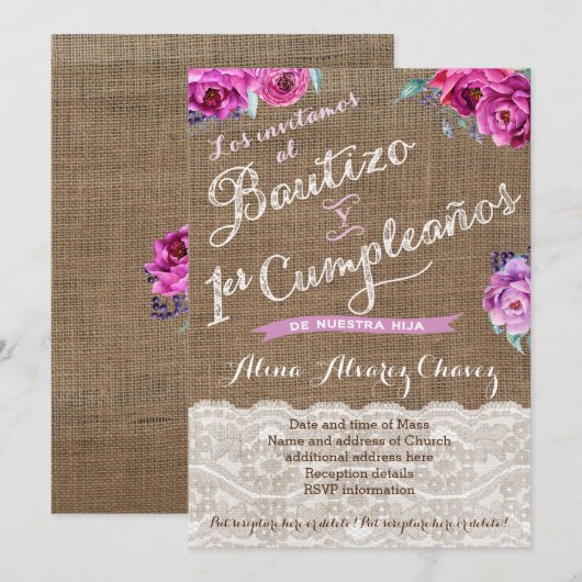 Bautizo y primer cumpleaños, invitación castellano kaart (Voorkant / Achterkant)