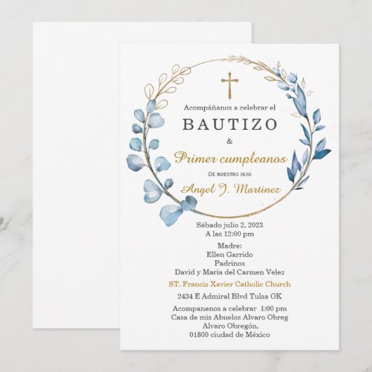 Bautizo y Primer Cumpleaños Niño Kaart (Voorkant / Achterkant)