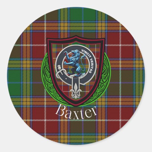 Baxter Schotse Clan Tartan & Wapen Ronde Sticker (Voorkant)