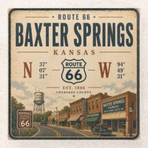 Baxter Springs 1886 Vintage Snelweg Kunst Glazen Onderzetter