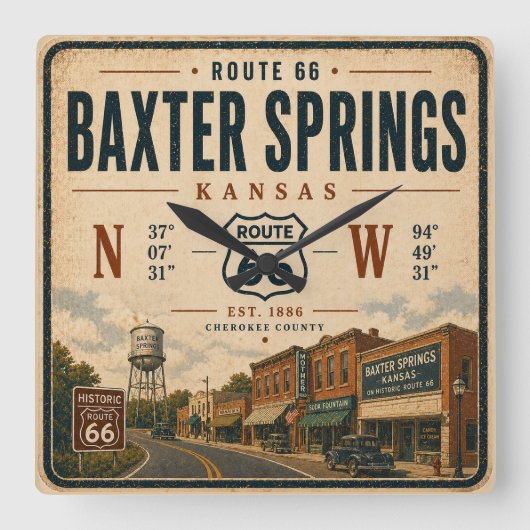 Baxter Springs Route 66 Heritage Tribute Vierkante Klok (Voorkant)
