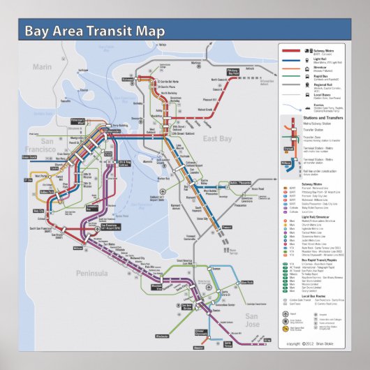 Bay Area Transit Map met gedetailleerde regels Poster (Voorkant)