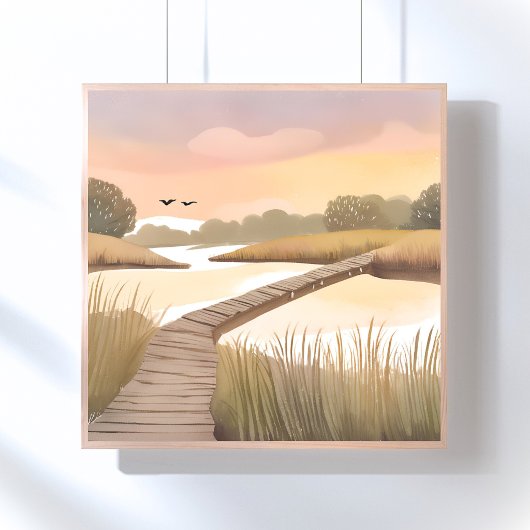 Bay Boardwalk | Lichte Kust Aquarel Schilderij Poster