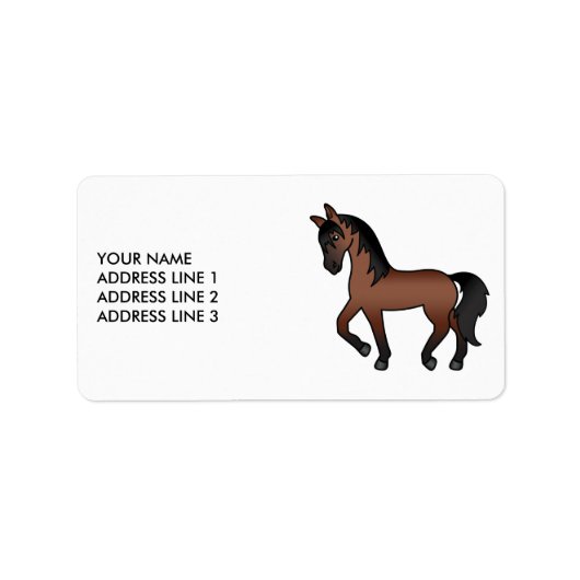Bay Bruine Cartoon Dravende Paard & Aangepaste Tek Etiket (Voorkant)