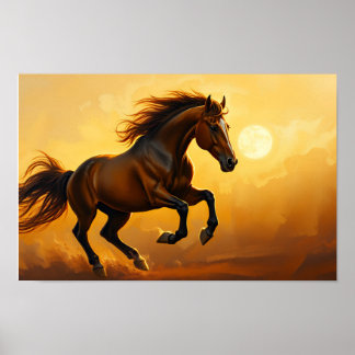 Bay Horse Gallops, Sunset Sky, Flowing Mane Poster