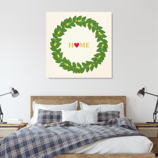 Bay Laurel Wreath, Heart Home & Gold Stippen Canvas Afdruk (Insitu (Slaapkamer))