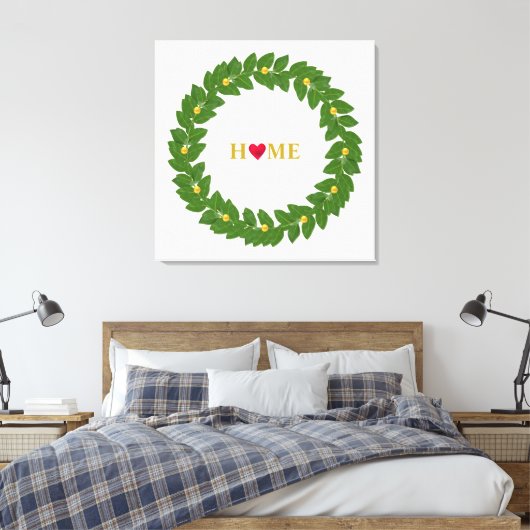 Bay Laurel Wreath, Heart Home & Gold Stippen Canvas Afdruk (Insitu (Slaapkamer))