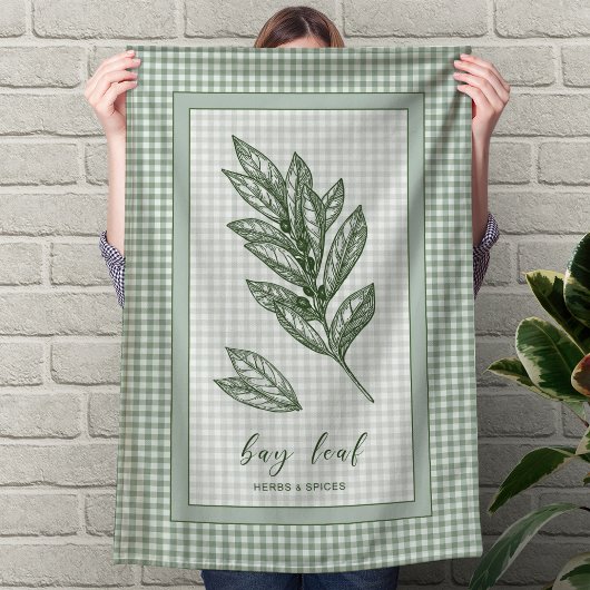Bay Leaf Herb Kitchen Towel – Green Gingham Border Theedoek