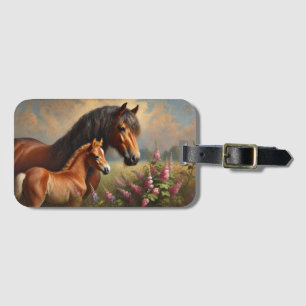 Bay Mare met een veulen Wildflowers Schilderij Bagagelabel