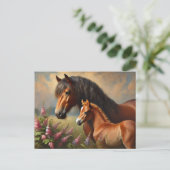 Bay Mare met een veulen Wildflowers Schilderij Briefkaart (Staand voorkant)