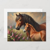 Bay Mare met een veulen Wildflowers Schilderij Briefkaart (Voorkant / Achterkant)