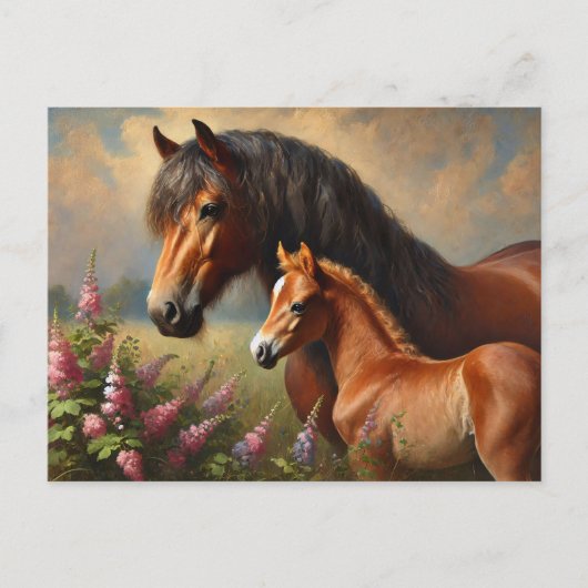 Bay Mare met een veulen Wildflowers Schilderij Briefkaart (Voorkant)