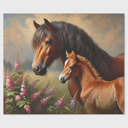 Bay Mare met een veulen Wildflowers Schilderij Cadeaupapier (Vlak)