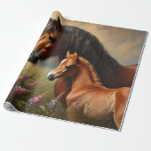 Bay Mare met een veulen Wildflowers Schilderij Cadeaupapier (Uitgerold)