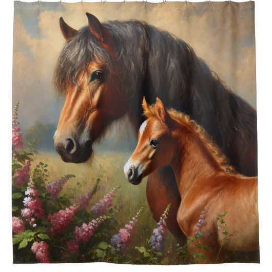 Bay Mare met een veulen Wildflowers Schilderij Douchegordijn (Voorkant)