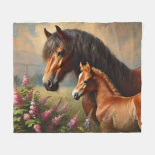 Bay Mare met een veulen Wildflowers Schilderij Fleece Deken