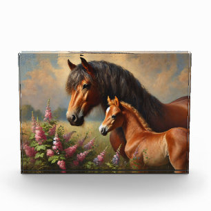 Bay Mare met een veulen Wildflowers Schilderij Fotoblokken