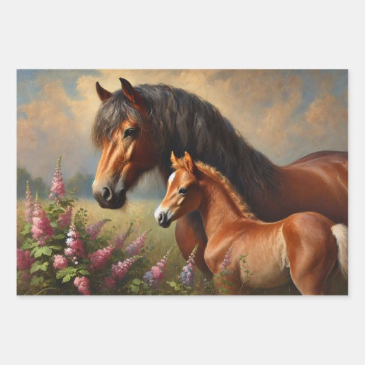 Bay Mare met een veulen Wildflowers Schilderij Inpakpapier Vel (Voorkant)