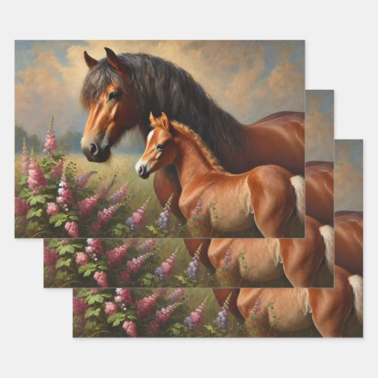 Bay Mare met een veulen Wildflowers Schilderij Inpakpapier Vel (Set)